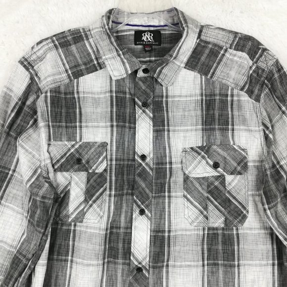Rock & Republic Mens Shirt 2XL Button Down Gray White Plaid Long Sleeve XXL - Picture 6 of 13